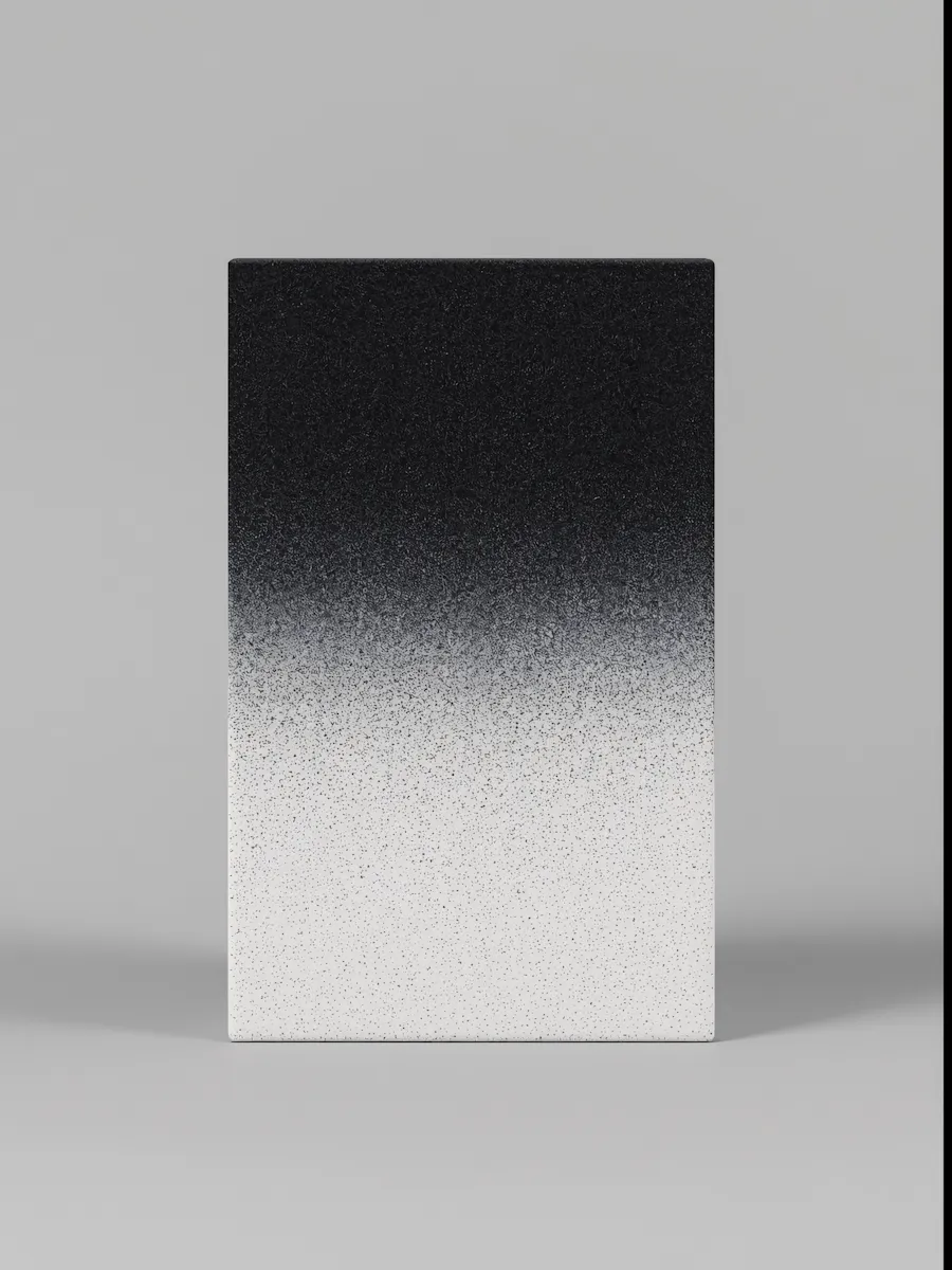 A standing slab, ink-black dissolving into bone-white through a granular gradient